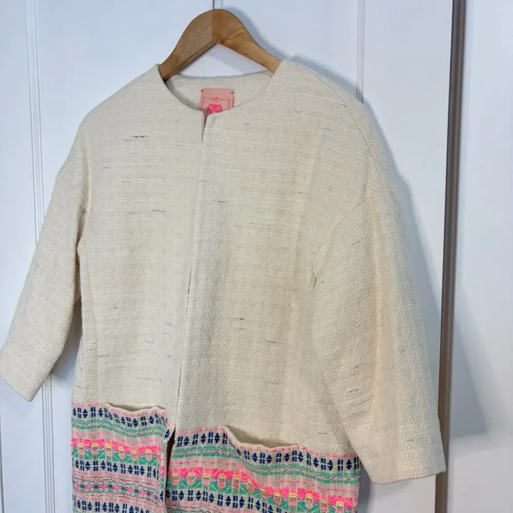 Anthropologie Vilagallo Embroidered Woven Tweed Long Jacket